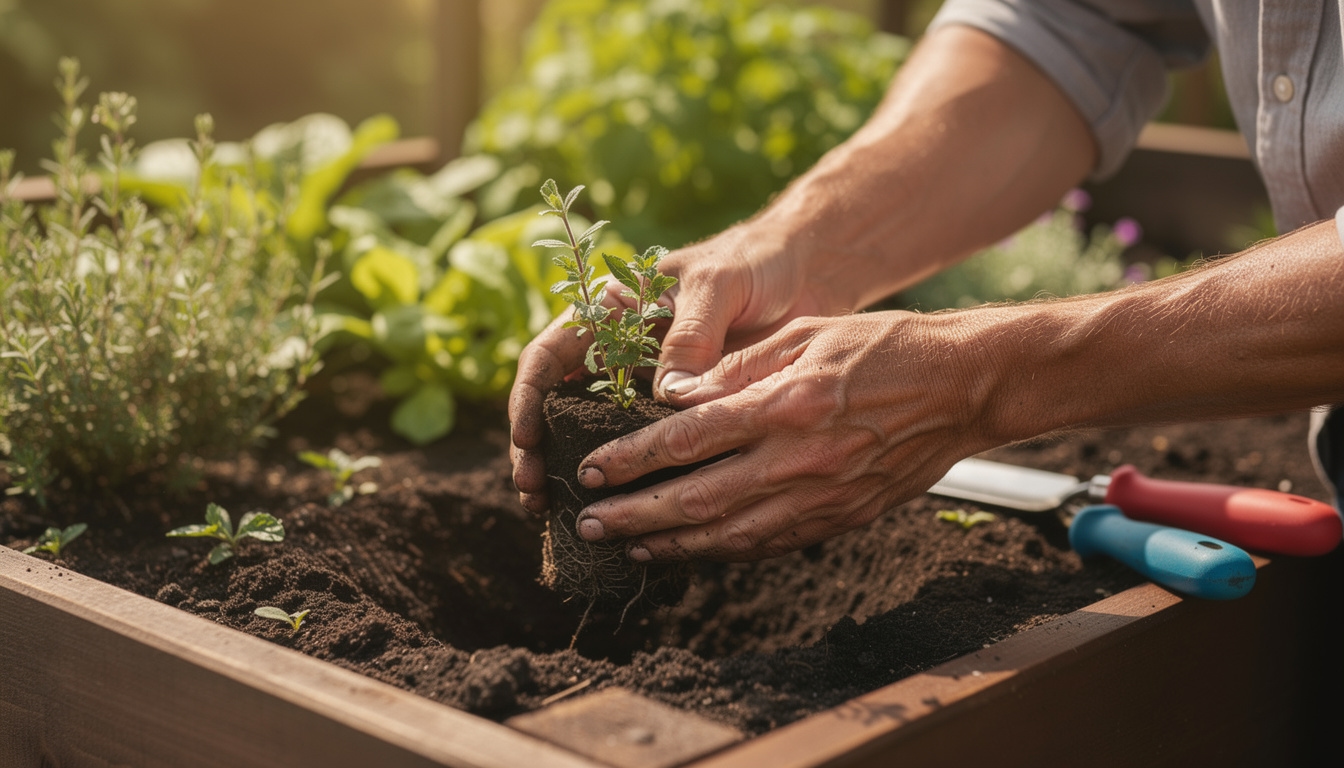 Manos adultas cuidando plantas en un jardín luminoso y colorido