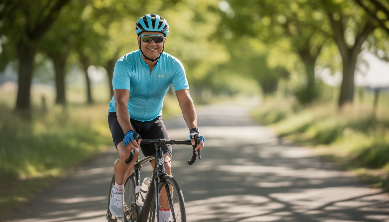 Persona de mediana edad pedaleando en bicicleta por carretera arbolada
