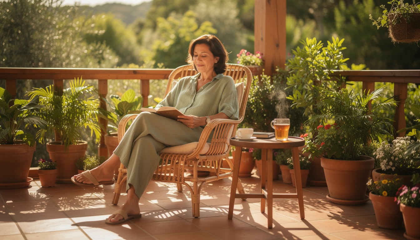 Persona adulta leyendo en terraza exterior con taza de té en tarde tranquila