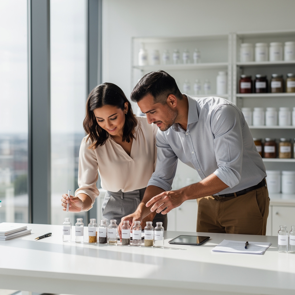 Profesionales revisando ingredientes naturales en entorno de trabajo limpio