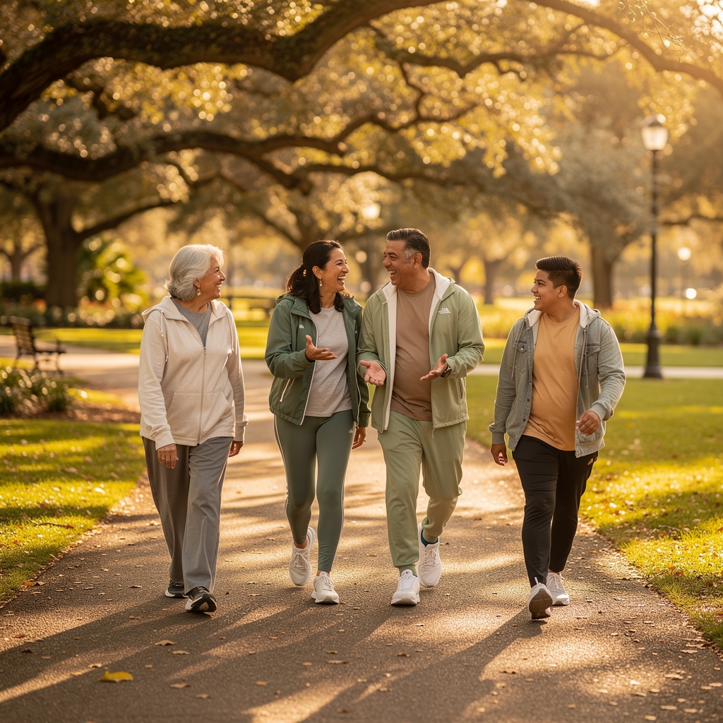 Familia caminando en el parque en un día soleado