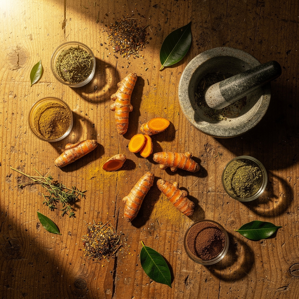 Ingredientes naturales sobre mesa de madera con luz natural