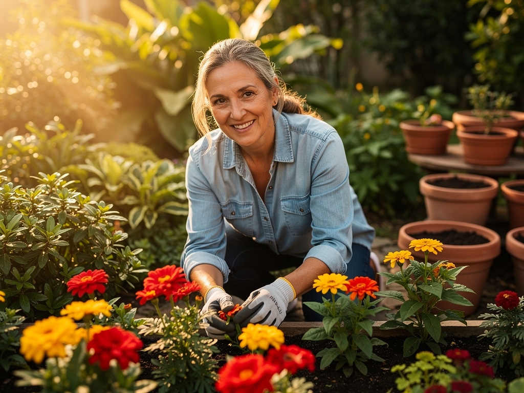 Persona de mediana edad cuidando el jardín con energía